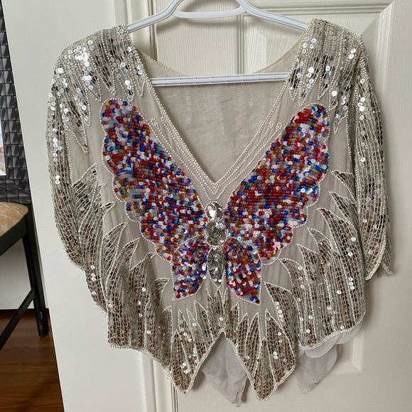 Tops - white with white lining, original shoulder pads and intricate beading all over.